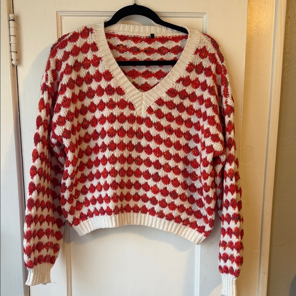 Red and White V-Neck Sweater